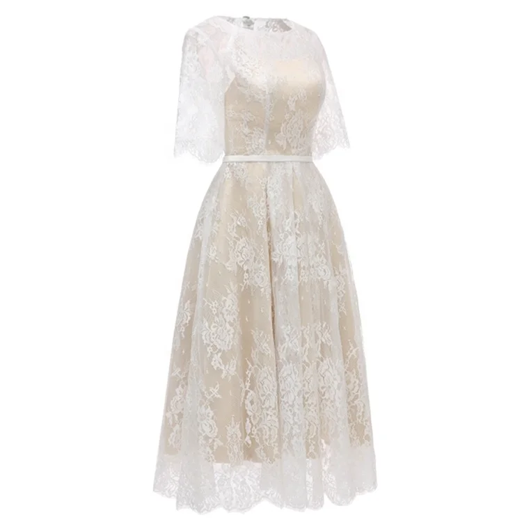 1617#Real PHOTOS Lace Half sleeve Tea-length A Line Vintage O-Neck Tea Length Bohemian Bridal Wedding gown vintage design