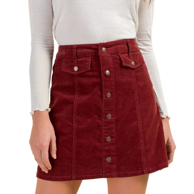 Customize Ladies New Fashion Short Burgundy Corduroy Button Front Skirt
