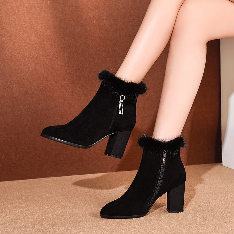 New Arrivals 2021 H390 Solid Leather Winter High Heel Plush Collar Kid Suede Boots Zip Ankle Women Boots
