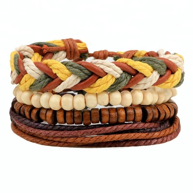 Wooden Beads Hemp Rope Leather Mixed Multilayer Bracelets Bangles,Adjustable Stretchable Leather Braid Bracelets
