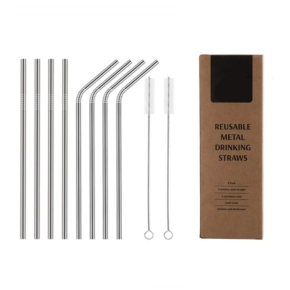 Stainless Steel Drinking Straws, Set of 8 Reusable Metal Drinking Straws with Cleaning Brushes and Portable Storage Box for Tumb