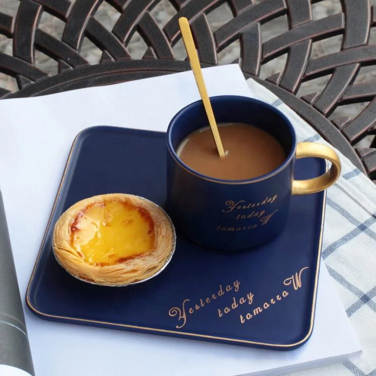 Simple style custom logo luxury gold rimmed ceramic espresso coffee cups with square plate