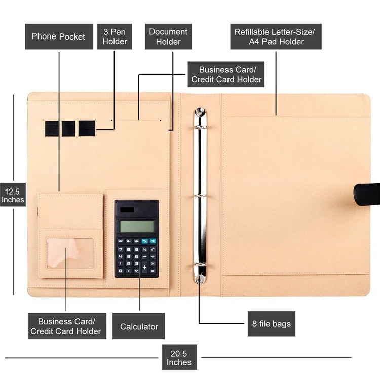 A4 Document Organizer Business Card Holder portfolio With Calculator And 8 File Pockets