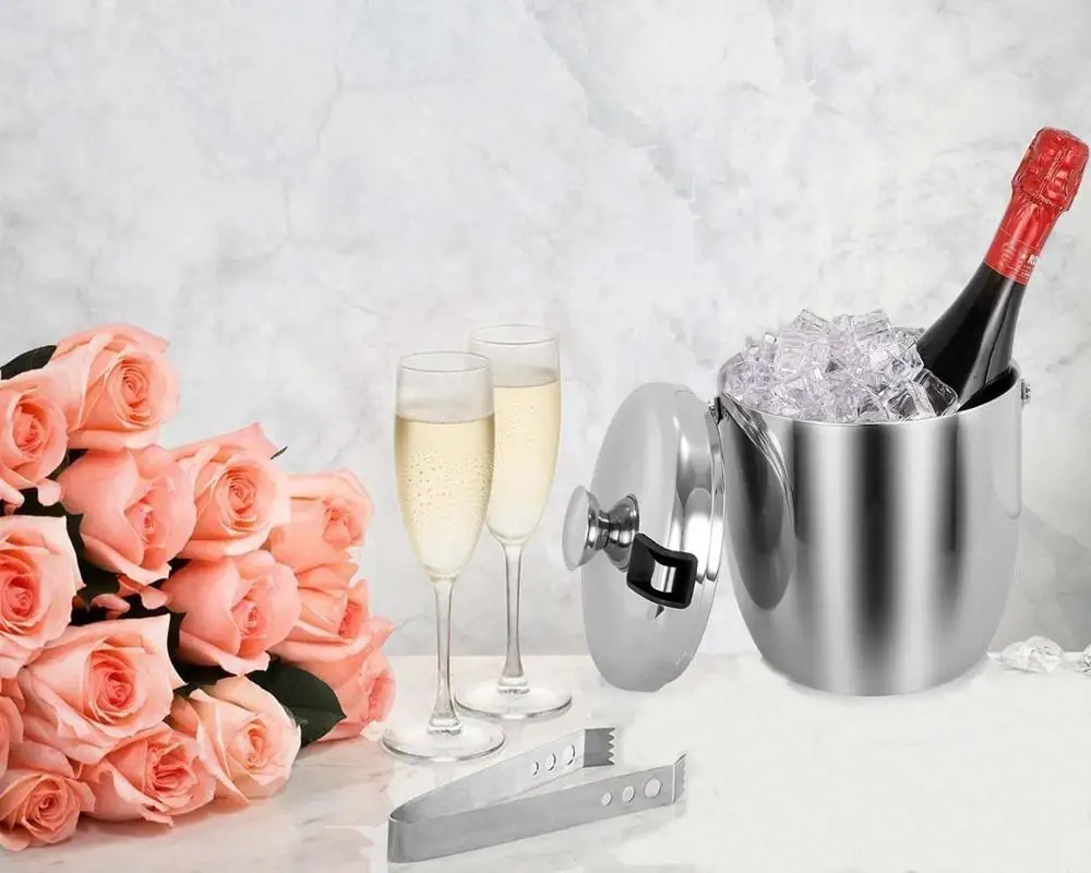 1.2 L Double Wall Custom Luxury Stainless Steel Bar Champagne Beer Wine Bottle Cooler Rose Gold Party Ice Bucket with Tongs Lid