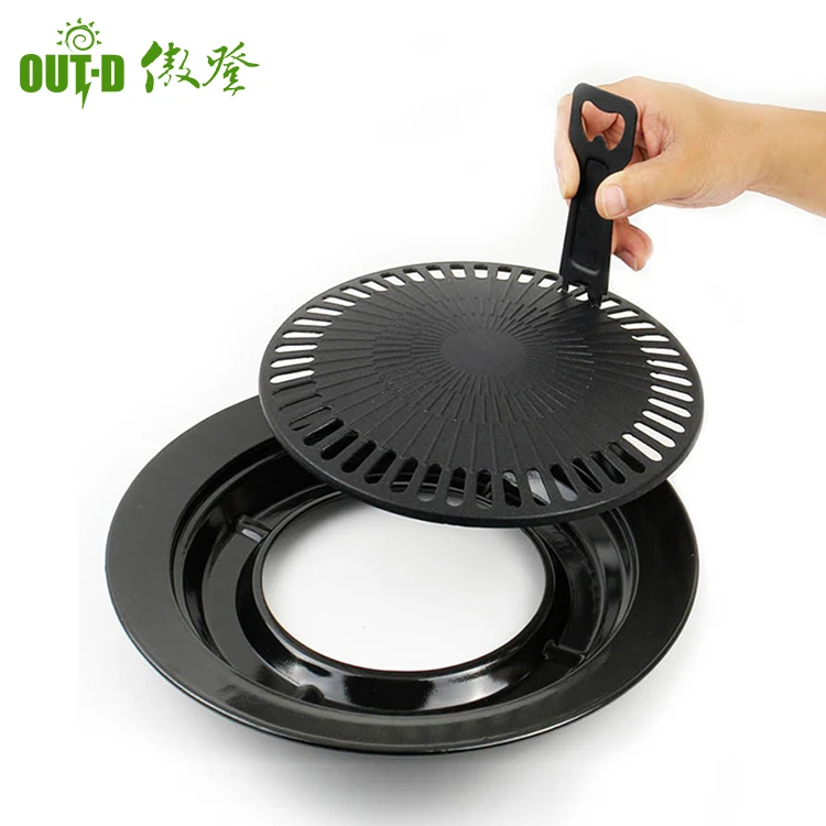 Round Camping Food Korean BBQ Cast Iron Non Stick Griddle Grill Pan Set With Handle