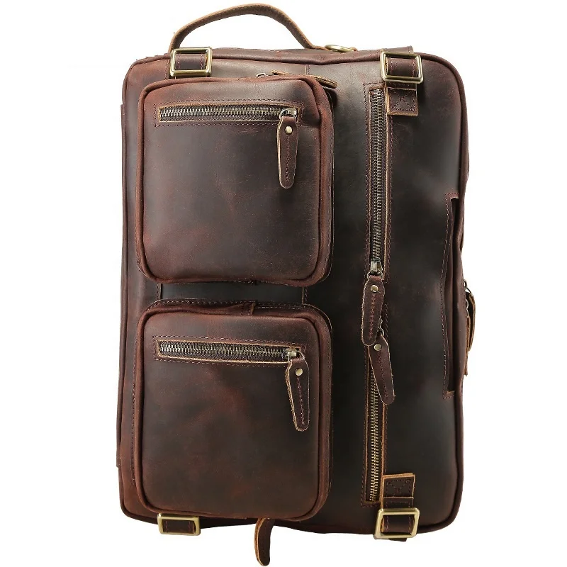 Vintage 15.6 Inch Mens Crazy Horse Genuine Leather Convertible Backpack Laptop Messenger Large Briefcase Daypack Travel Bag