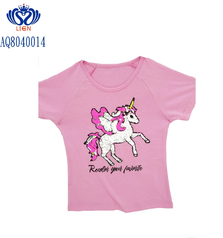 
Double side unicorn sequin patch prink kids summer shirt, flipping sequin little girls summer shirt, reversible sequin t-shirt 