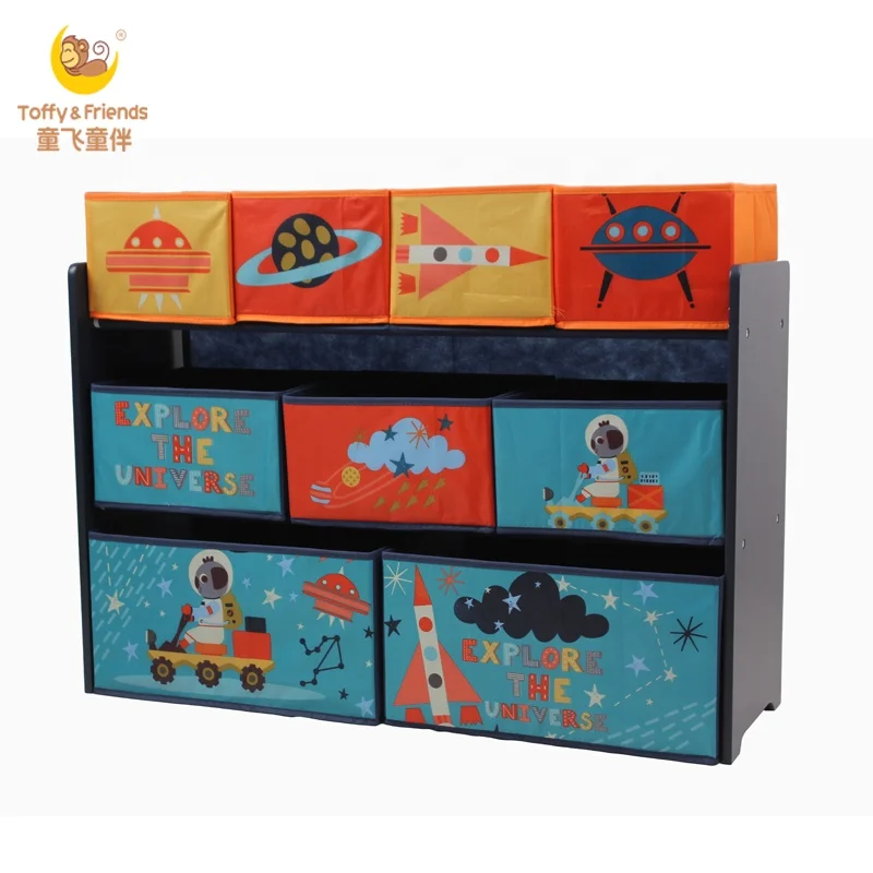 
Toffy & Friends boy wooden toy storage shelf toy organizer with fabric bins 