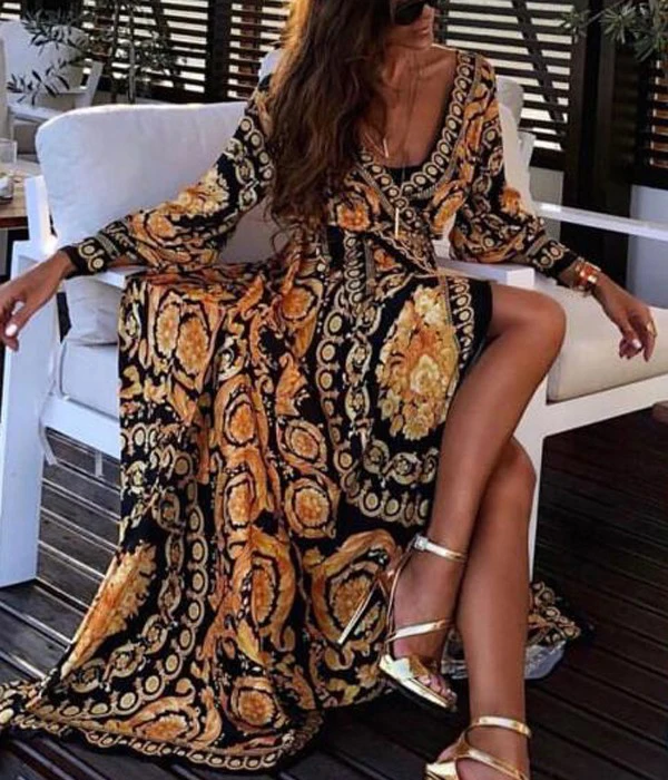 Foreign trade hot style sexy deep V slit dress print skirt evening dresses ball-gown skirt