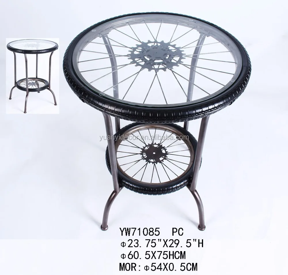 
Antique bicycle tyre shape metal and glass coffee table 