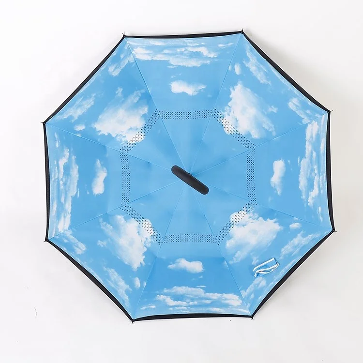 Wholesale Double Layer Pongee Fabric Manual Open Reverse Inverted Umbrella with C-Shape Handle Floral Design for Adults