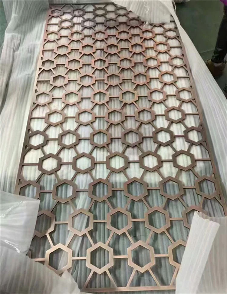 Hotel lobby design stainless steel decorative brass color  laser cutting metal mesh