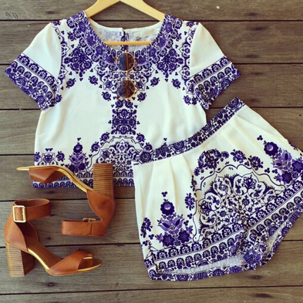 National style summer suits Women Retro Vintage Tile Prints Blue White Porcelain Pattern Short Sleeve Crop