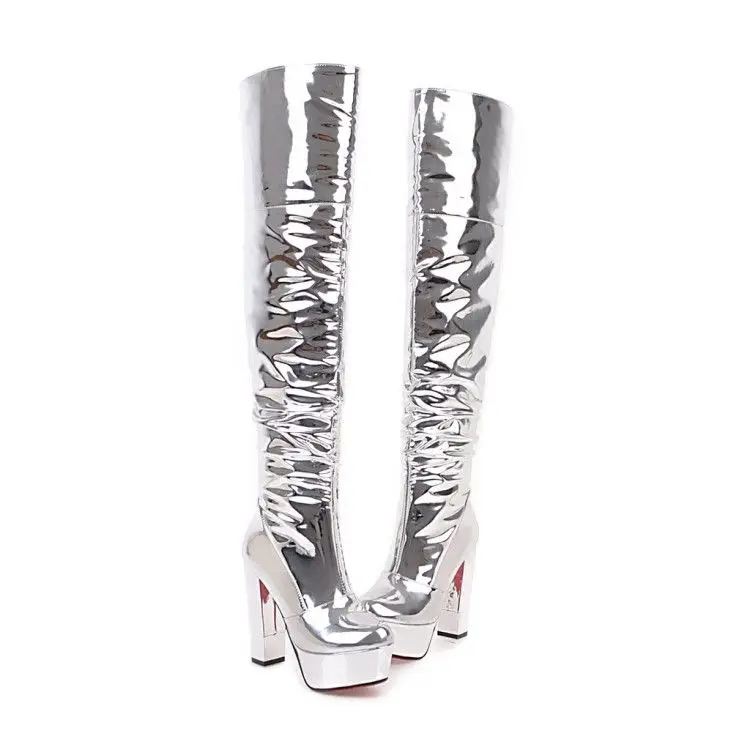 New fashion women silver color shoes platform high chunky heels over the knee boots