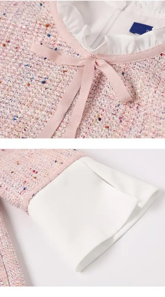 Office ladies Ruffle Round Neck Bell sleeves Pink Tweed knee-Length Fashion Dress