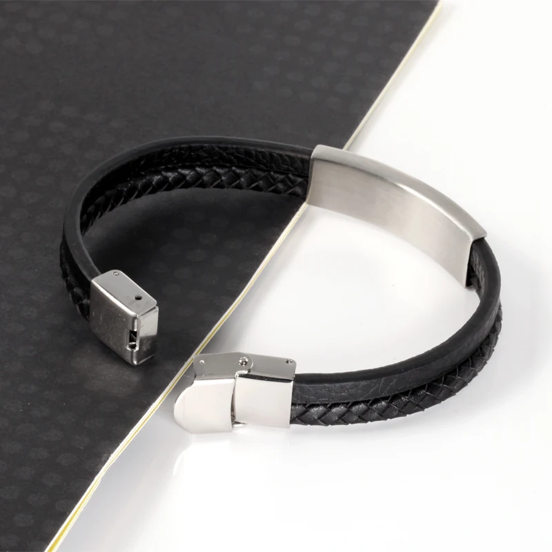 Wholesale Fashion Charm Silver Plated Blank Stainless Steel Bracelet Men Leather Bracelets charm bracelet