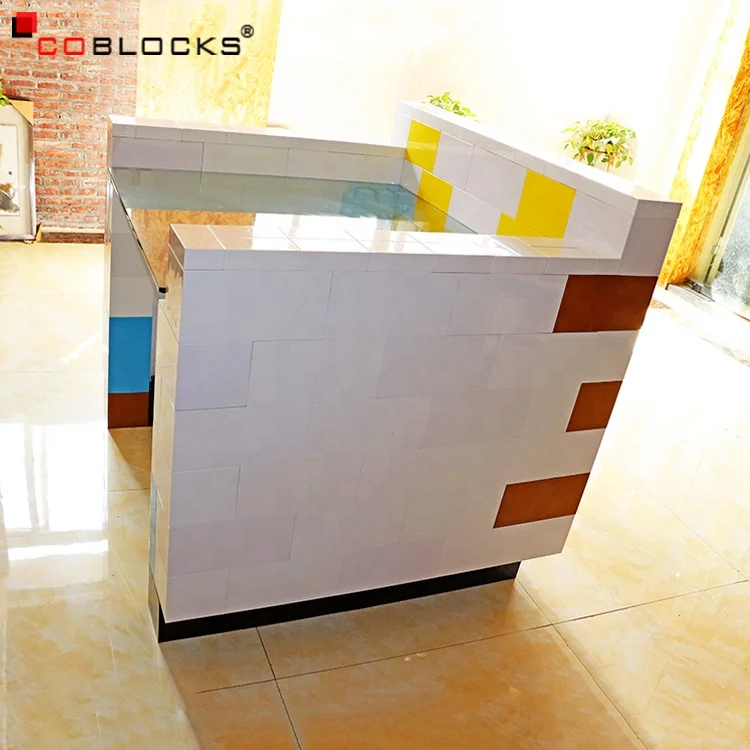 Custom Size Module blocks Reception Desk l shape counter hotel /school used standing white/black modern office reception desk
