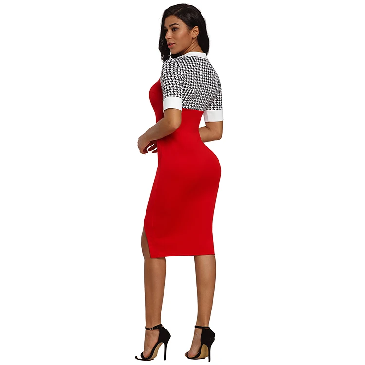 
Womens Houndstooth Patchwork Office Bodycon Dress 