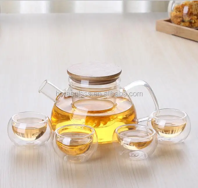 Glass Teapot with borosilicate glass infuser & wooden cover with tea cup sets