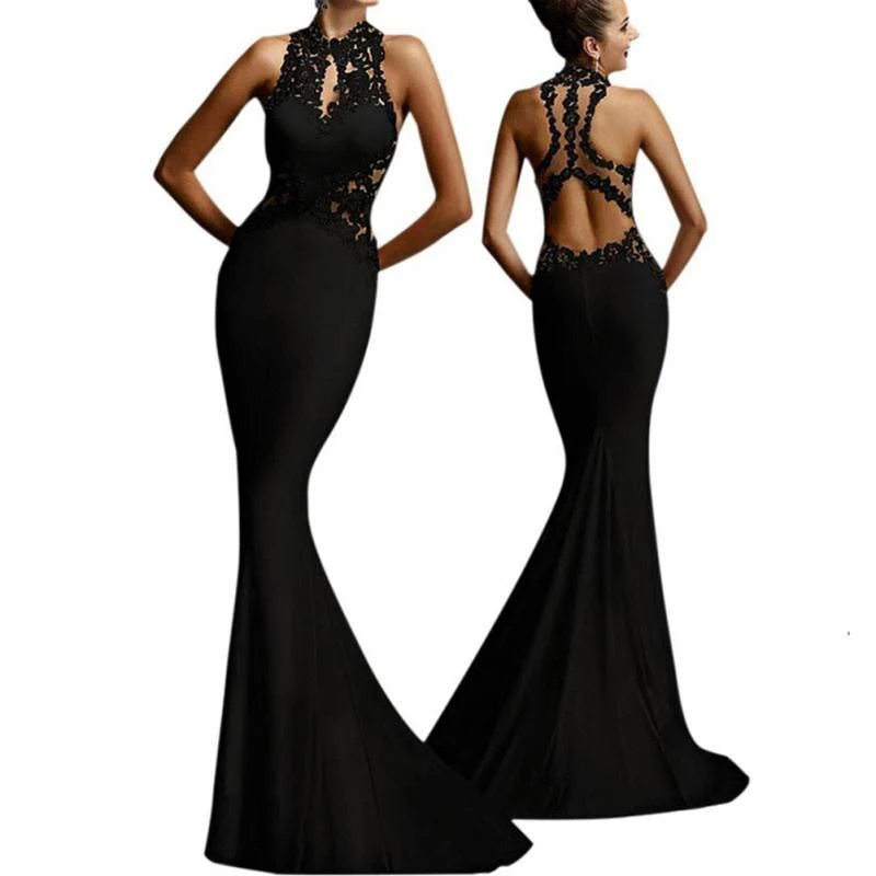 
Euramerican high-end fishtail lace evening dress sexy appliques sleeveless backless dress slim women long skirt 