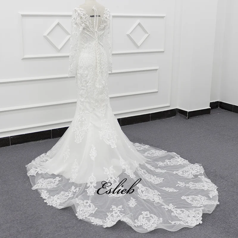 Eslieb 2019 SJ048 Charming Mermaid Long Sleeve Tulle Lace Appliques Vintage Wedding Dress With Scalloped Muslim Wedding Dress