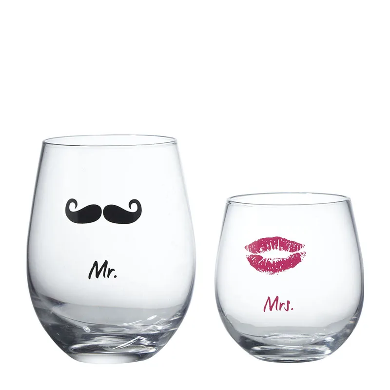 Unique Custom Printed Mr And Ms Round Beautiful 500ml Drinking Glass Cup