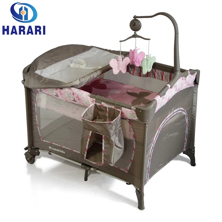 factory cheap Foldable baby cot playpen with music and toys bar
