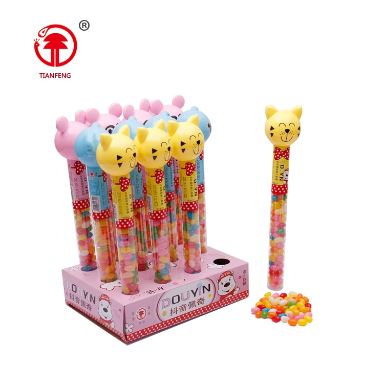 Factory manufacturer good selling halal fruit candy stick soft chewy candy gummy jelly beans cartoon stick for kids