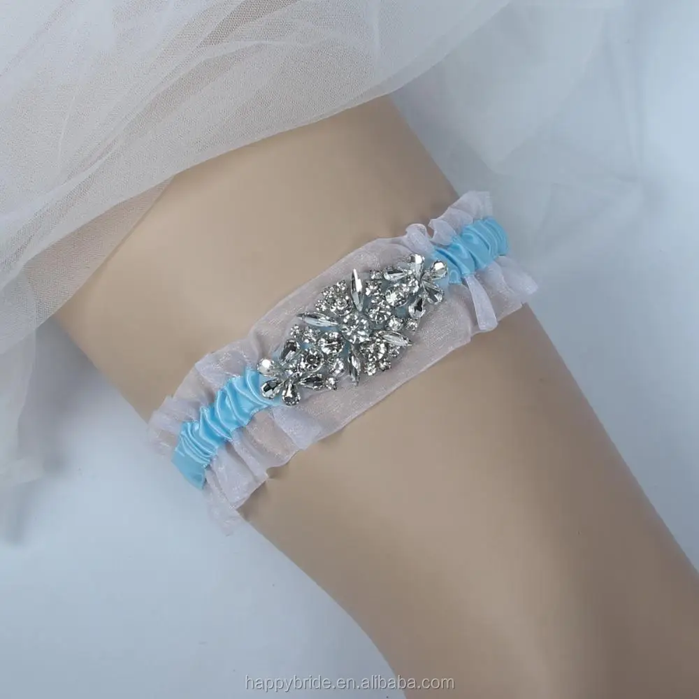 
Factory Blue Ribbon Crystal Beaded Applique Wedding Bridal Leg Garter Belt Set WG1003 