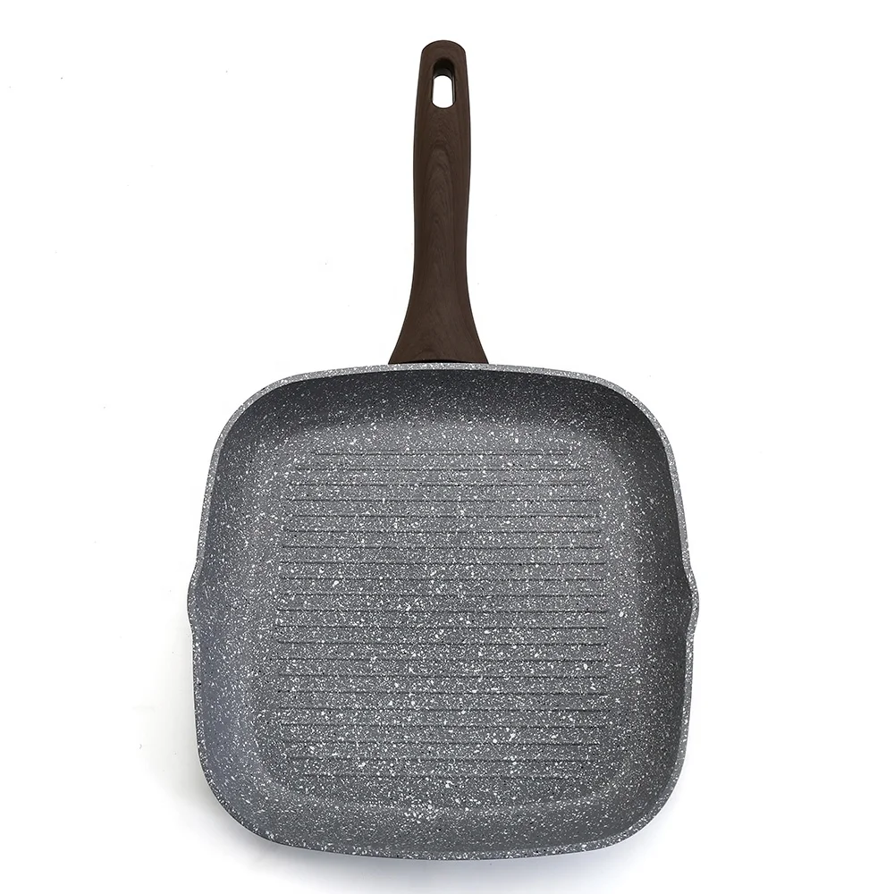 
Aluminum forged square grill pan with light grey non stick marble stone coating and wooden coating handle 