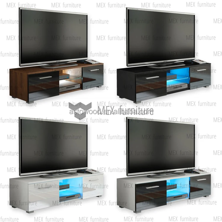 Modern TV Unit Cabinet Stand Black Matt and Black High Gloss Doors FREE LED
