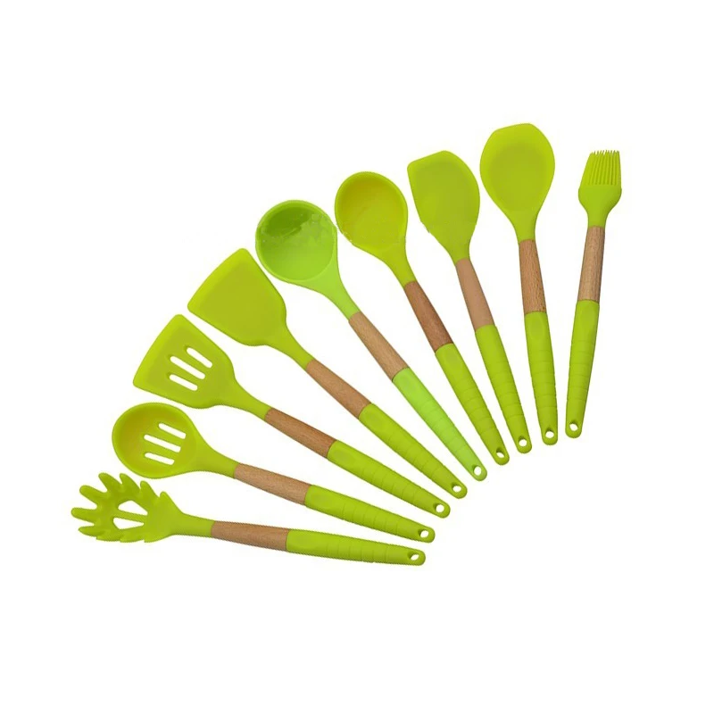 
New design 9pcs beech wood handle silicone kitchen utensils 