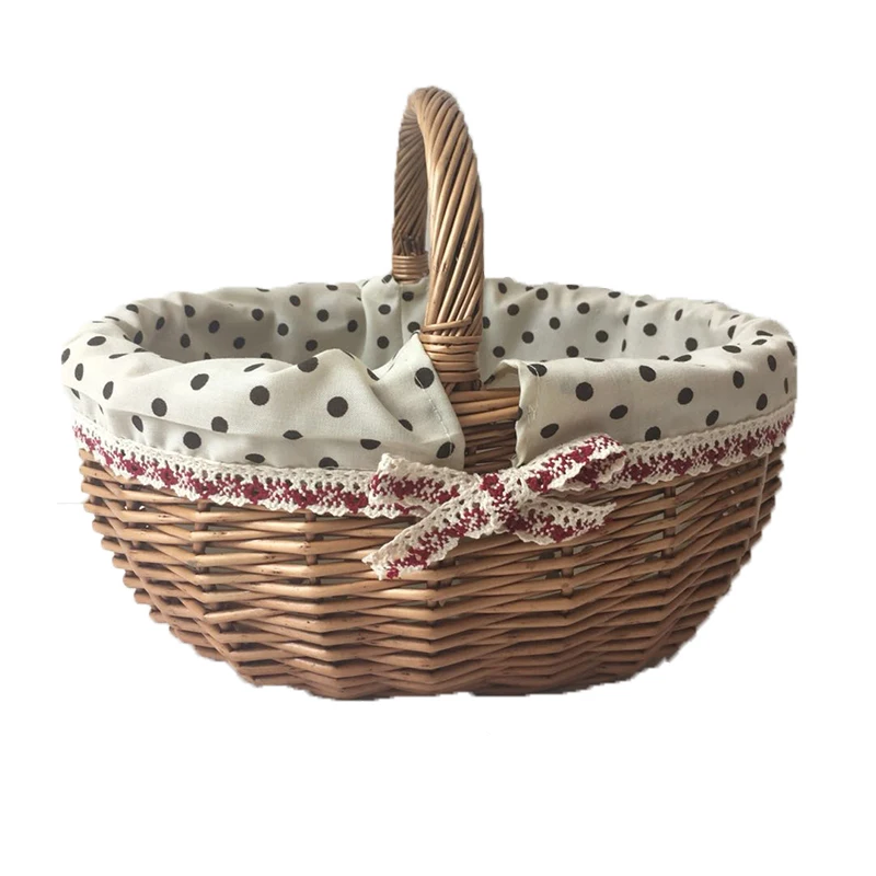 Wicker Storage Basket With Lining Fold Handle Gift Baskets For Bread Picnic Camping