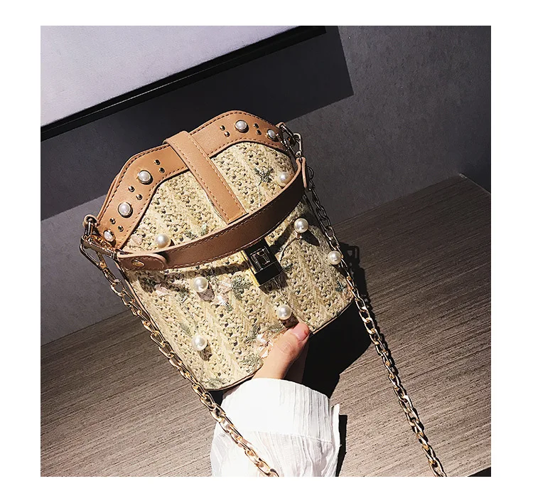 Pearl Lace Flower Handwoven Rattan Weave Summer Straw Clutch Shoulder Bags Women Handbags Beach Bag Tote Bag
