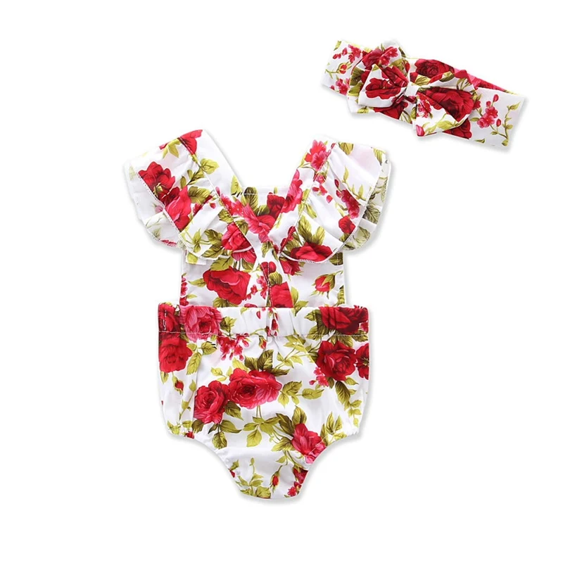 Baby Girl Romper headband Set Toddler flower print bodysuit Summer Clothes for 0-2T
