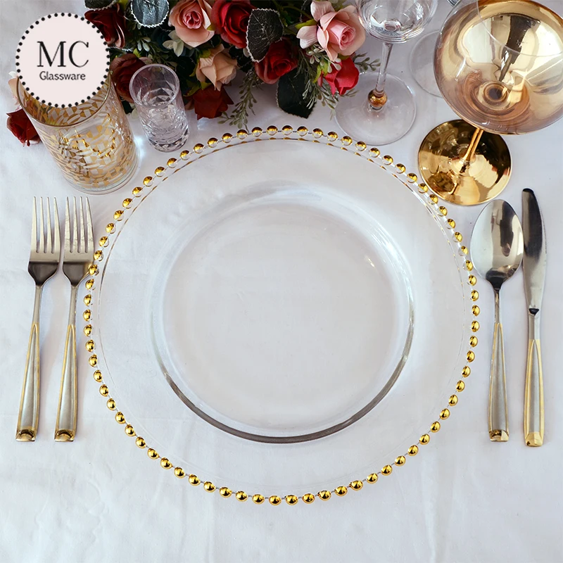For wedding decorate gold rim glass charger plates gold rim beaded luxury dinnerware sets for decoration on table