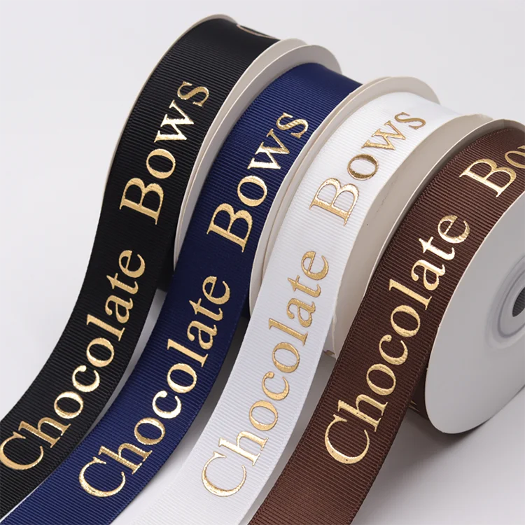 Factory custom eco friendly 3d gold foil printed black silk grossgrain grosgrain ribon gift ribbon with embossed logo brand