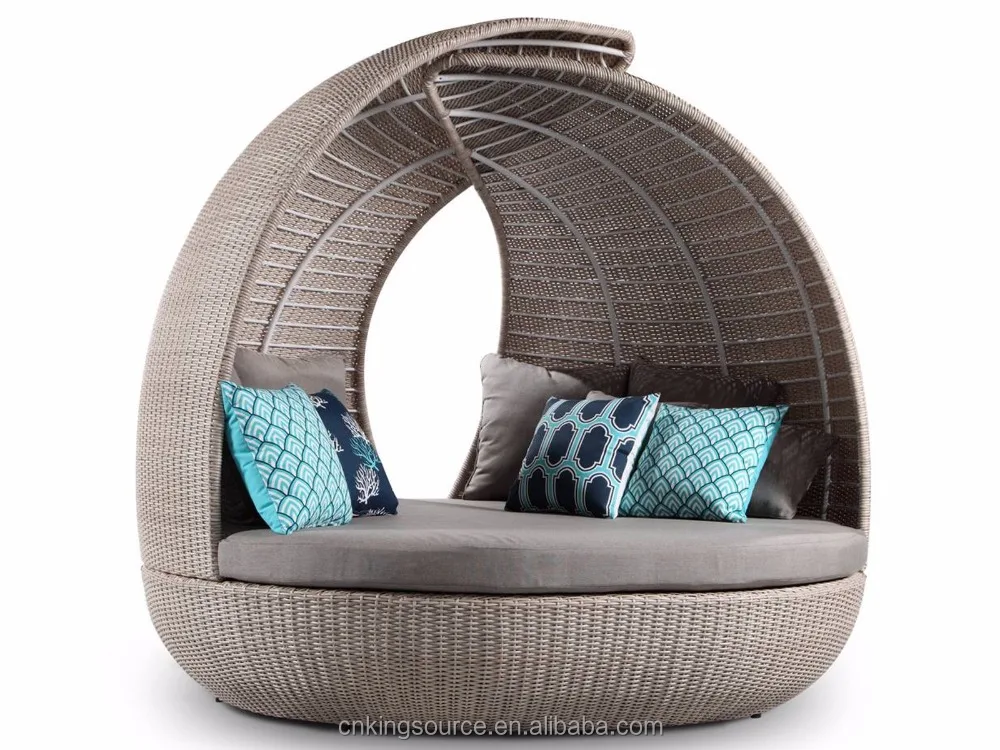 Tropical round cocoon shaped outdoor sunbed with rattan covered and canopy beach lounge