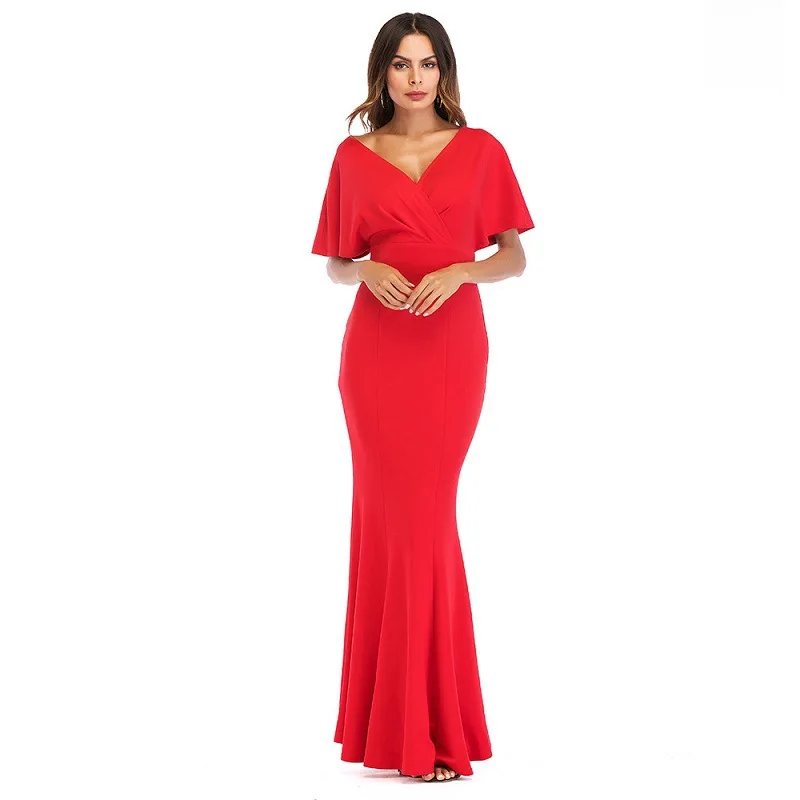 2018 Hot sale solid simple but elegant short sleeve women Maxi long evening dresses
