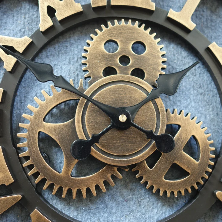 Amazon hot style european-style 3D retro old gear wall clock creative  iron silent wooden wall clock