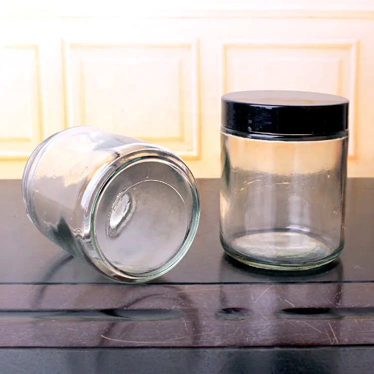 short round amber glass food packing storage jars
