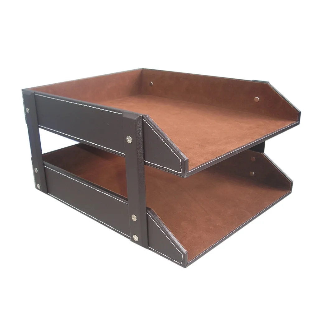 custom faux leather wooden document tray 2 tiered wood letter tray