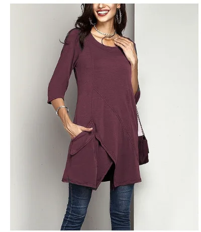 
Wholesale OEM Ladies Plus Size 3/4 Sleeve Tunic Top for Leggings Pocket Solid Color Loose Fit T Shirt Soft Tshirts Women 