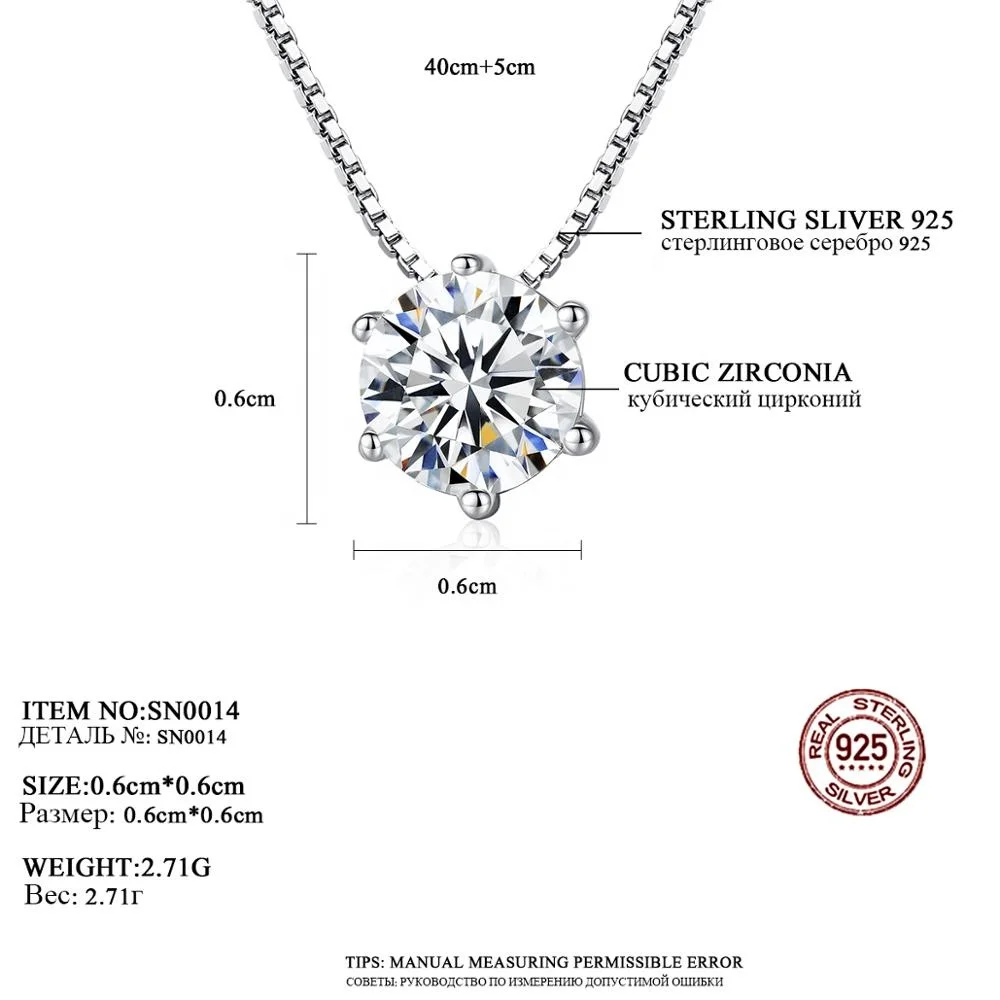 CZCITY Classic White Gold Plated Six Claws Cubic Zirconia 925 Sterling Silver CZ Diamond Pendant Necklace for Women Jewelry Gift