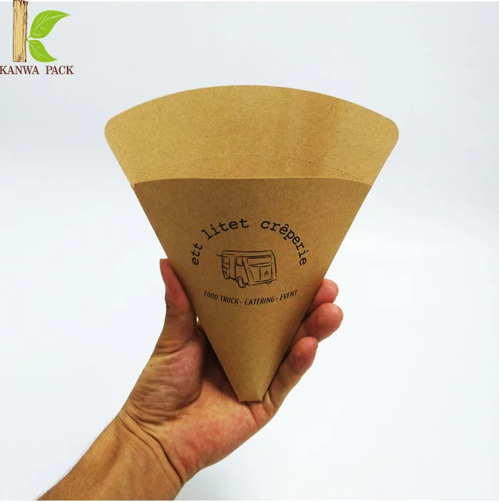 Custom printing food grade cone shape crepe food cone custom brown  kraft paper crepe cone holder