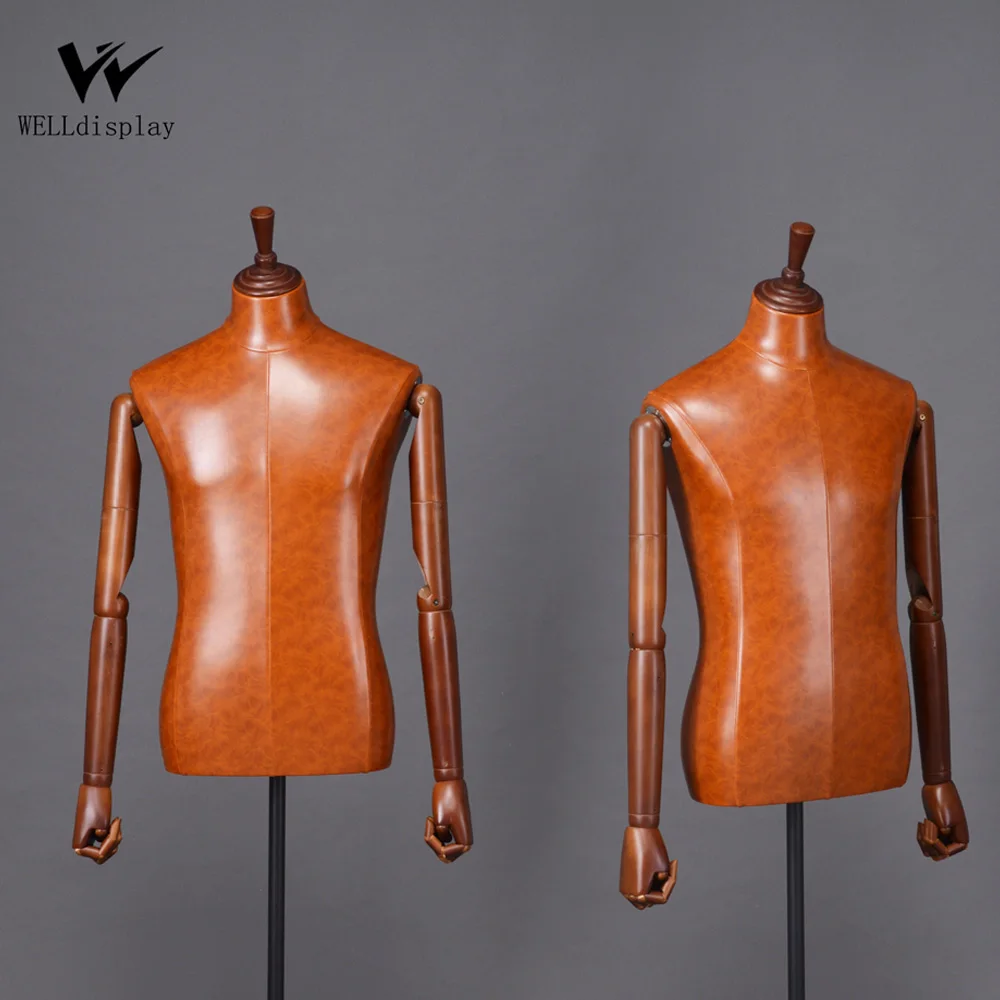 BROWN LEATHER MALE BUST, MALE TAILORING MANNEQUIN TORSO WITH WOODEN ARMS