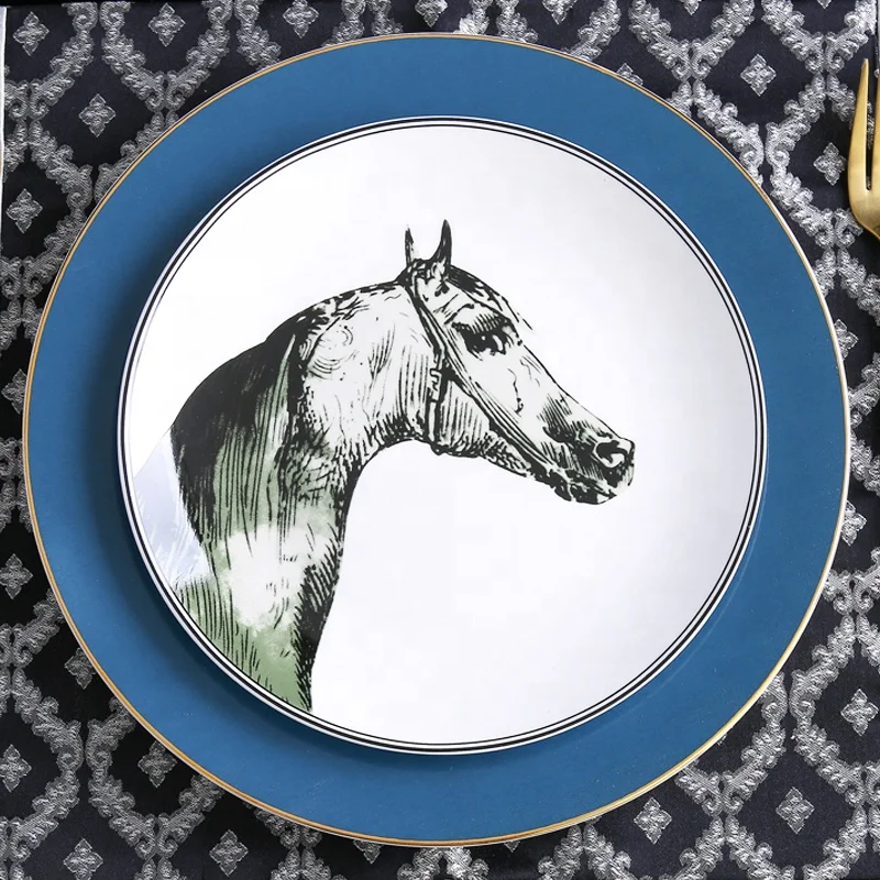 Роскошная керамическая посуда 10 5 дюймов Синяя тарелка фарфоровые золотые плоские тарелки для ресторанов