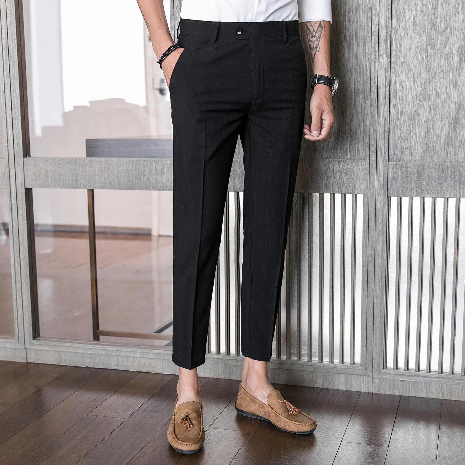 
Korean style slim gery square men suit pants for businessman trousers suit for young man formal pant suits for weddings 