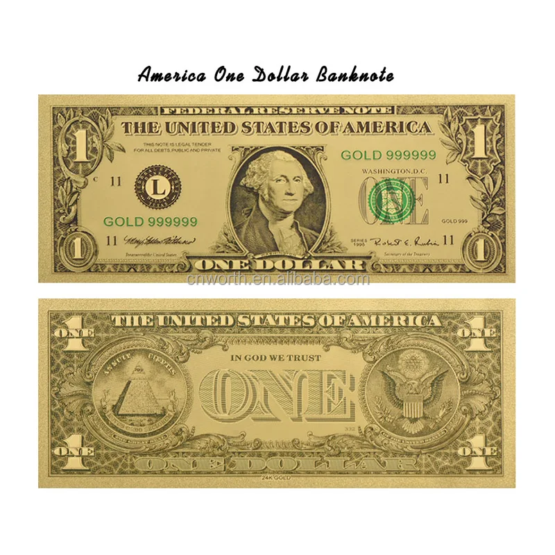 Home Decor Art Crafts 24k Gold Banknote USD 1 Colored Fake Bills Foil American Paper Money