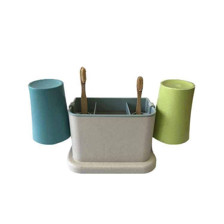 Toothbrush Holder Wheat Straw Multi-functional Waterproof Toothbrush Holder With 2 Cups Family Bathroom Storage Organizer